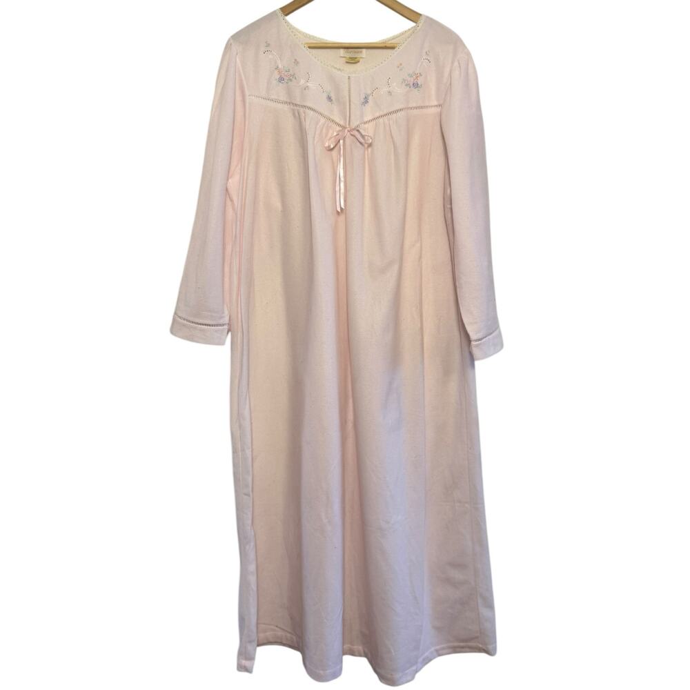 Vtg Pink Barbizon Lightweight Fleece Embroidered Ribbon Tie XL Maxi Nightgown